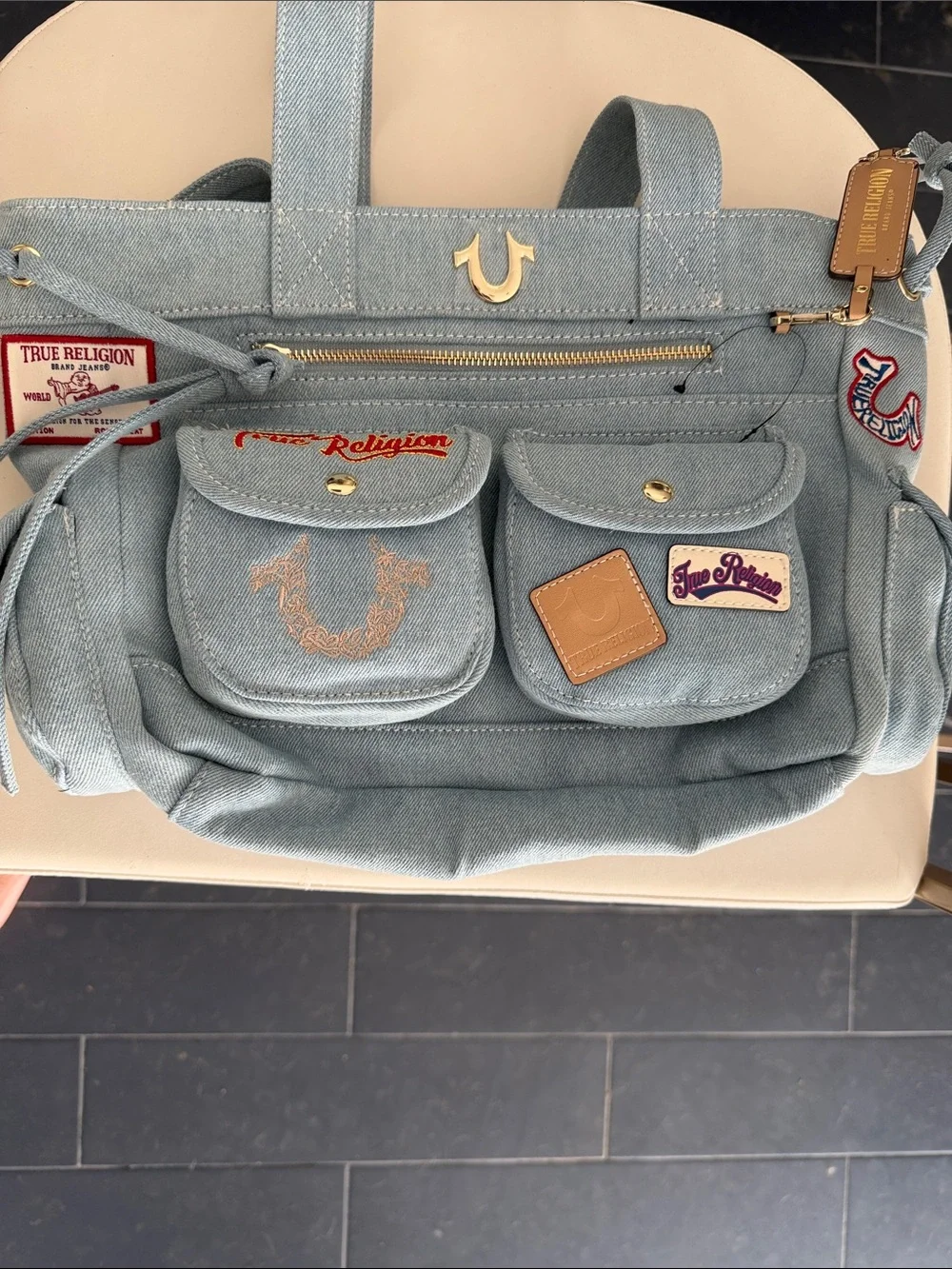True Religion Light Blue Denim Messenger Bag with Front Pockets